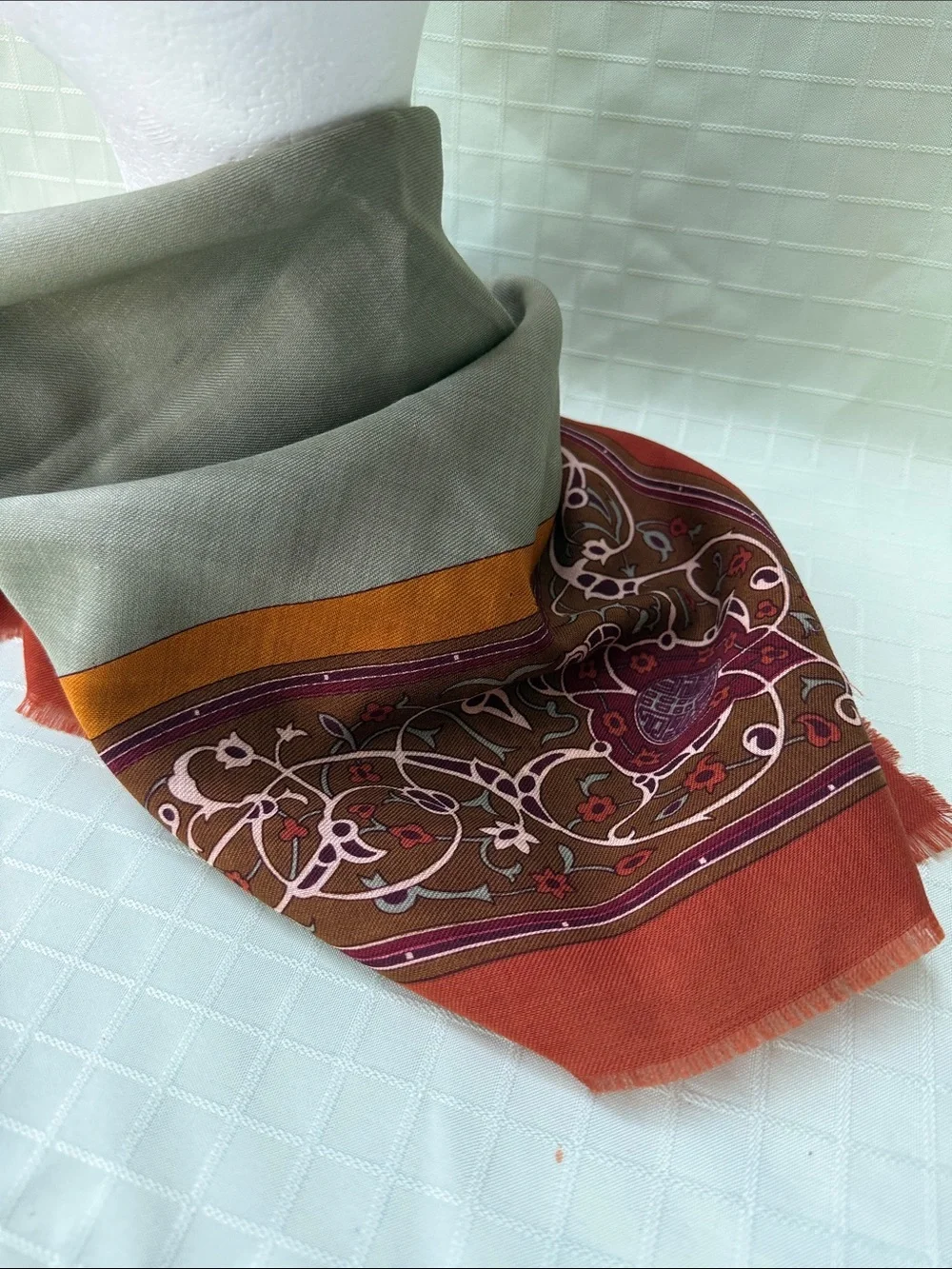 Vintage Anne Klein Wool Scarf in Sage, Rust & Mustard